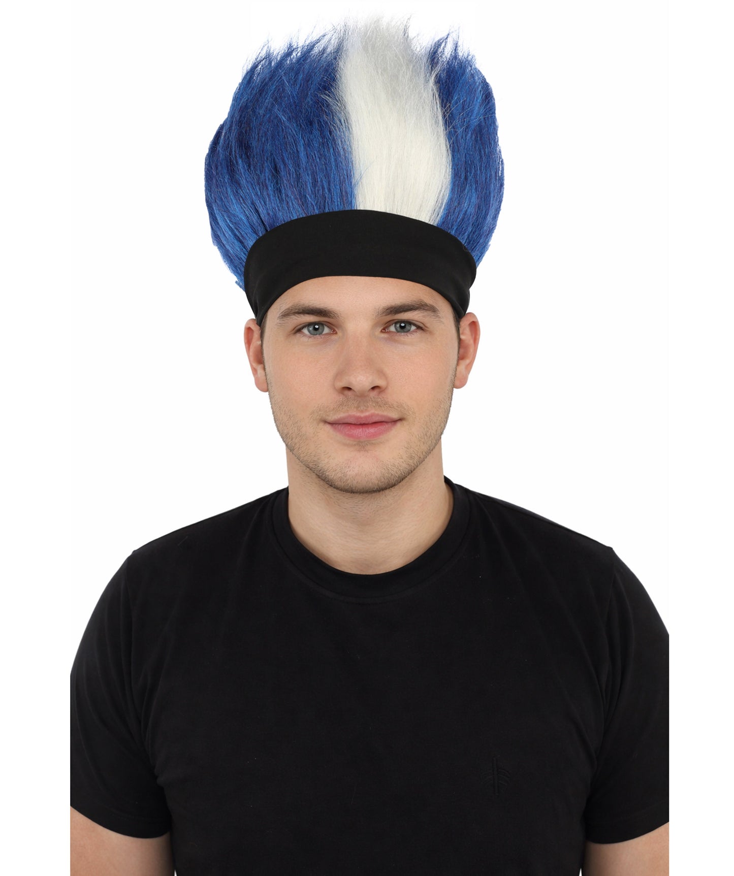 HPO Men's Navy Blue and White Mohawk Wig | Spiky Upright Flame-retardant Synthetic Fiber Headband Design | Halloween Themed Party Football Fan Gear