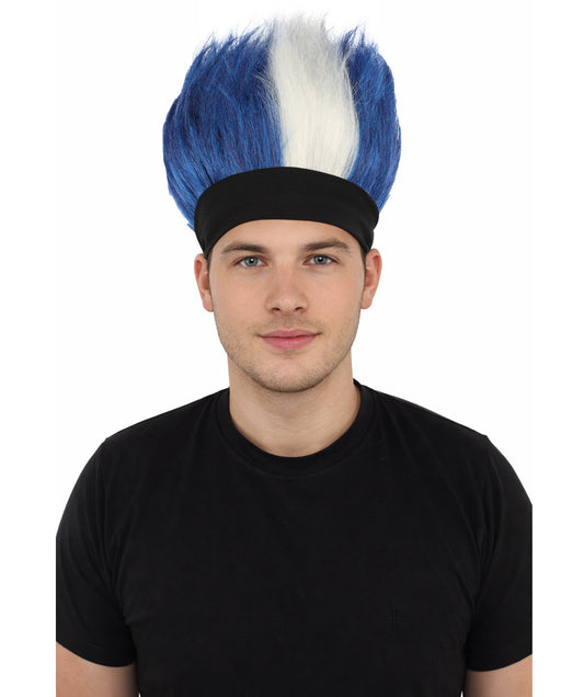 HPO Men's Navy Blue and White Mohawk Wig | Spiky Upright Flame-retardant Synthetic Fiber Headband Design | Halloween Themed Party Football Fan Gear