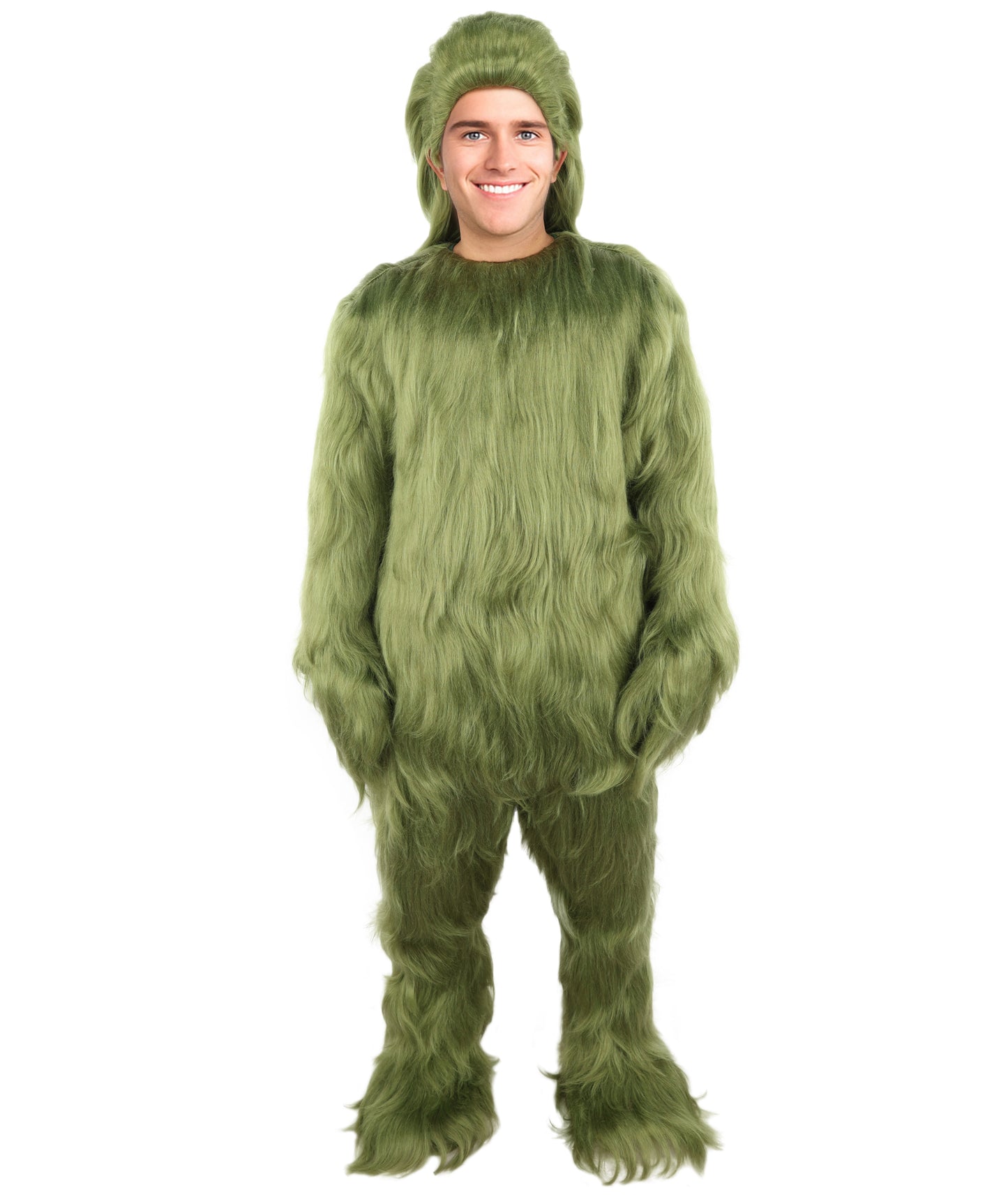 Furry Monster Grinch Christmas Olive Green Santa Costume, Ideal for Halloween