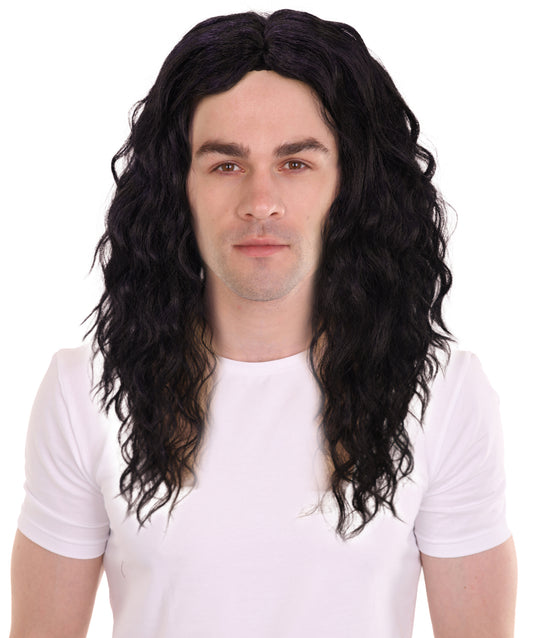 HPO Men’s Long Black Wavy Funk Rock Wig | Colorful Troll-Inspired Cosplay Hairpiece with Volume | Halloween Stage Acts & Themed Events