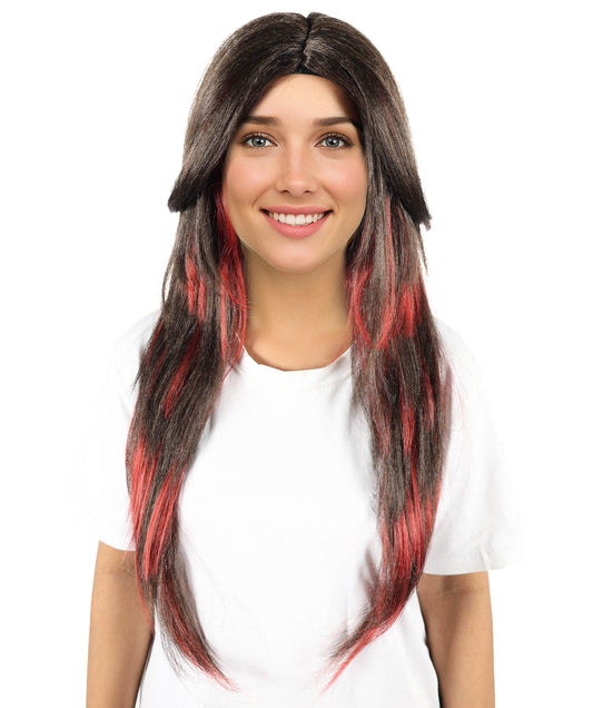 HPO Women's Edgy Celebrity Roleplay Red & Brown Wig |Flame-resistant Fiber with a comfortable capless fit | Ideal for party, Halloween, cosplay, theater, drag, performance, costume events