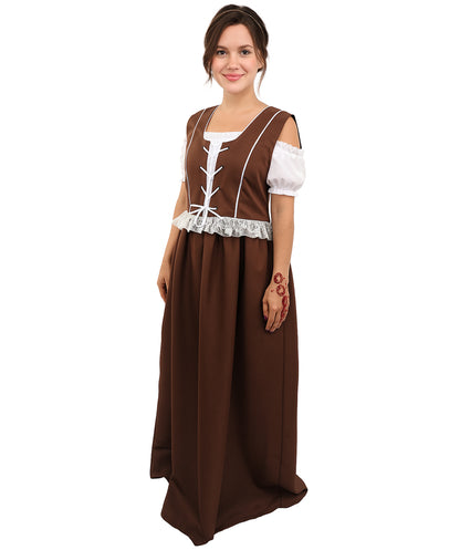 HPO Women’s German Long Dirndl Brown & White Costume – Traditional Bavarian Oktoberfest Dress