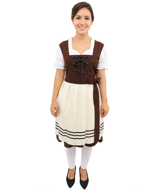 HPO Women’s Brown & White Oktoberfest Costume – Authentic German Bavarian Dirndl Dress