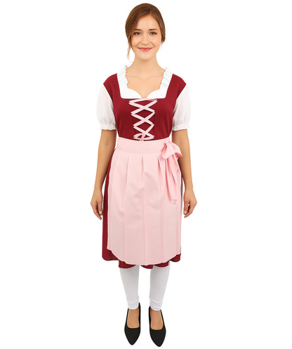 HPO Women’s German Dirndl Dress Red & Pink Costume – Traditional Oktoberfest Outfit