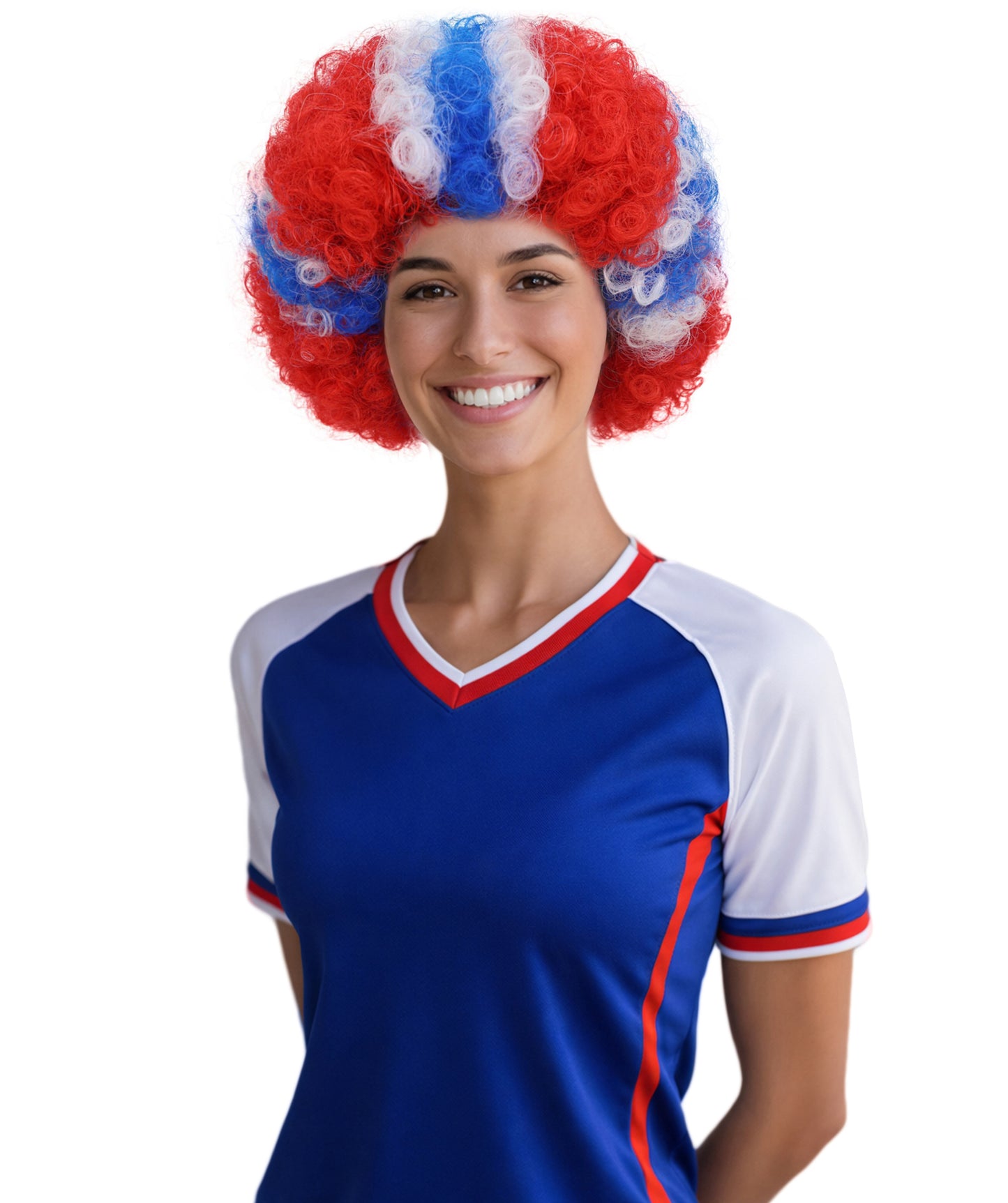 HPO Norway Clown Wig – Red, White & Blue Flag Afro Style | Fun Costume Wig for Sports Fans, National Day, Parties