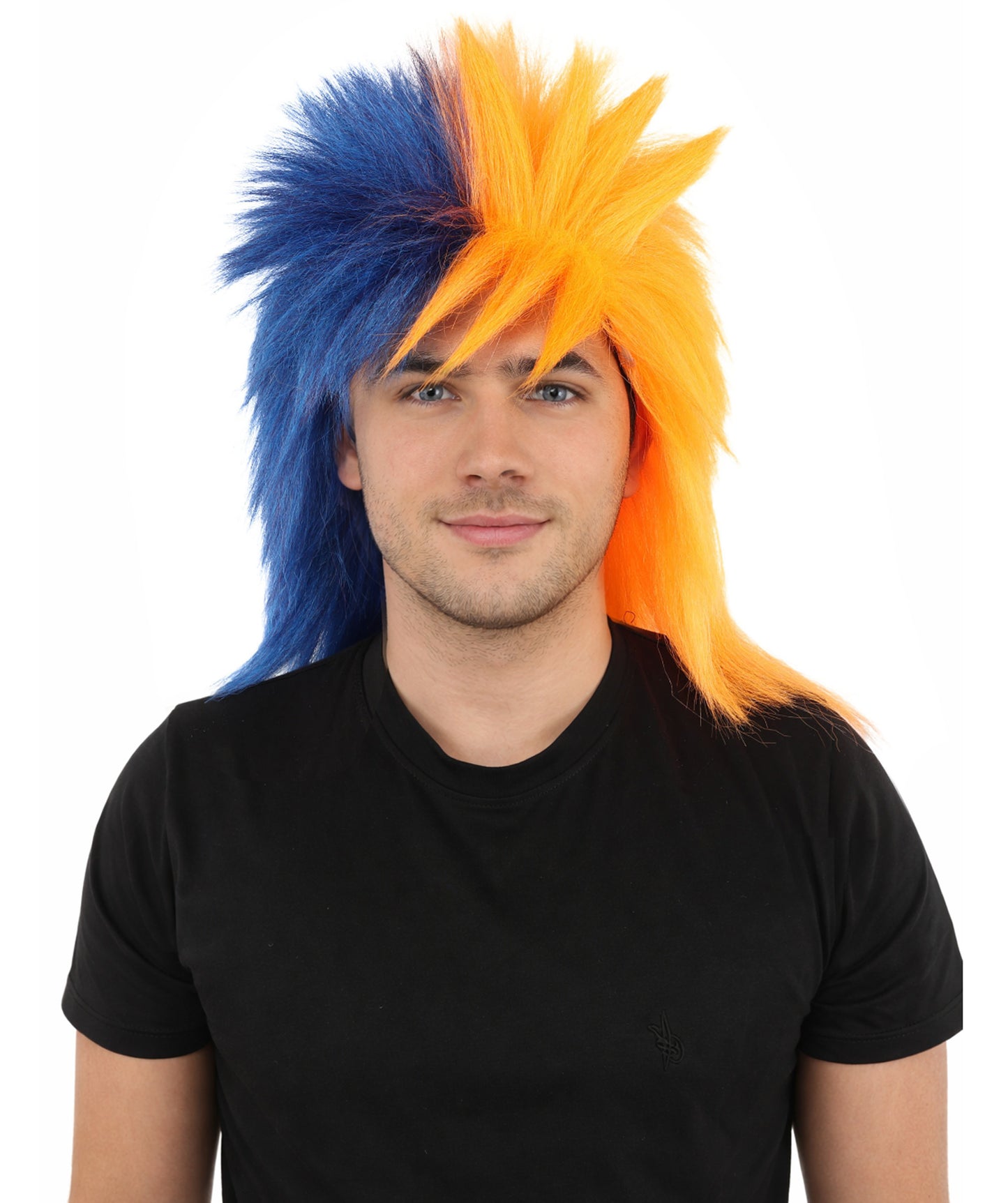 HPO Men's Navy Blue and Orange Sports Wig | Split Color Spiky Shag Style Flame-retardant Synthetic Fiber | Halloween Themed Party American Football Fan Gear