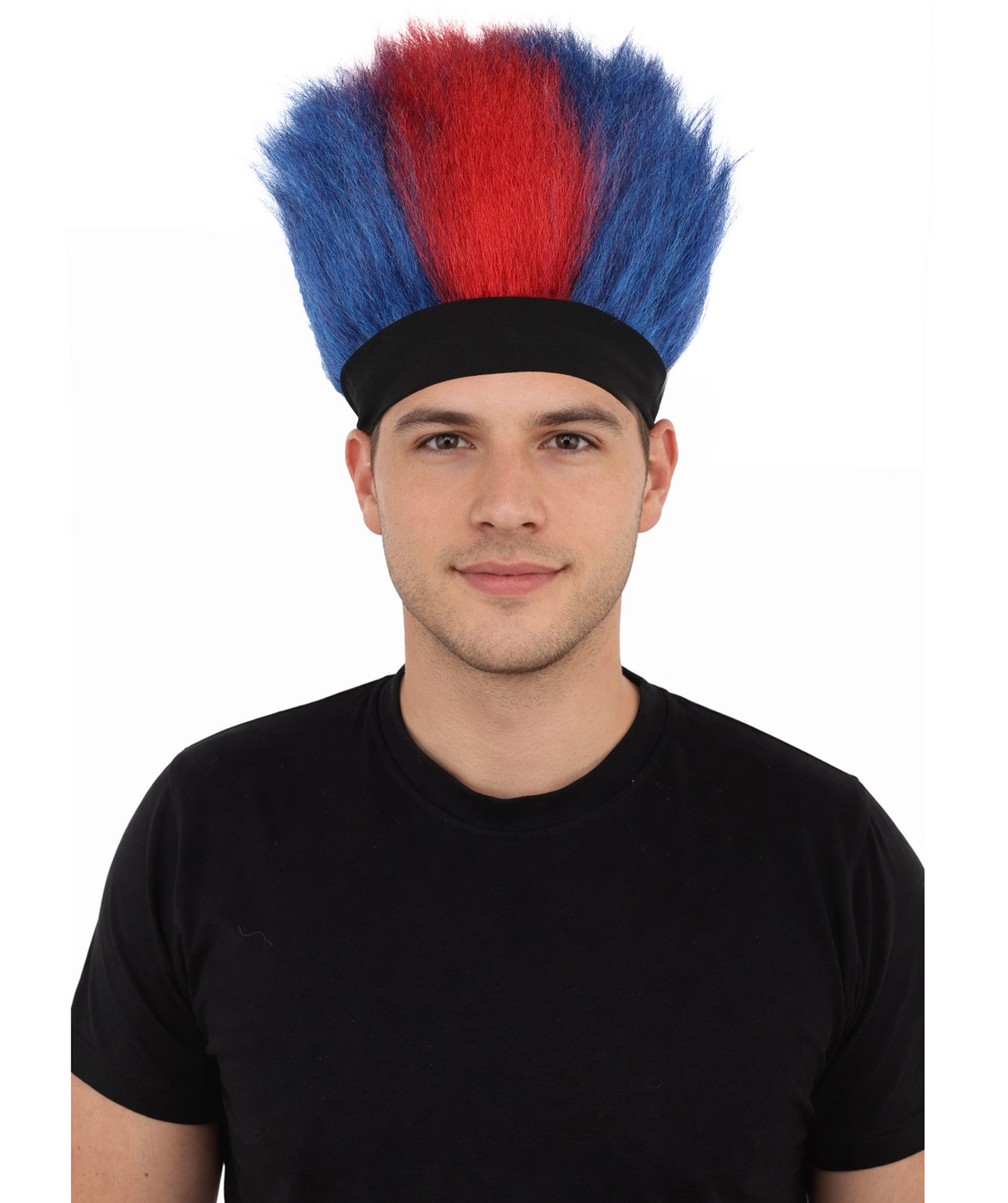 HPO Men's Red and Blue Mohawk Wig | Tall Spiky Texture Flame-retardant Synthetic Fiber Headband Design | Halloween Themed Party Championship Parade Accessory