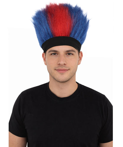 HPO Men's Red and Blue Mohawk Wig | Tall Spiky Texture Flame-retardant Synthetic Fiber Headband Design | Halloween Themed Party Championship Parade Accessory