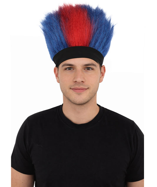 HPO Men's Red and Blue Mohawk Wig | Tall Spiky Texture Flame-retardant Synthetic Fiber Headband Design | Halloween Themed Party Championship Parade Accessory