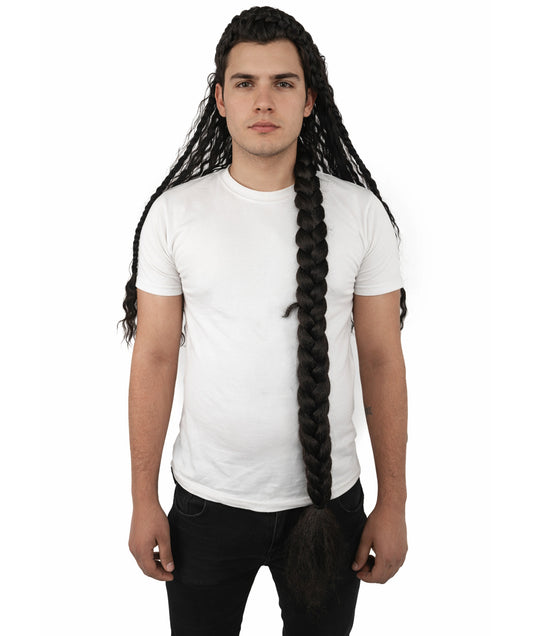 HPO Men's Braided Dreadlock Warrior Wig | Long Black Cornrows with Half Bun, Heat Resistant Synthetic Fiber, Realistic Texture & Breathable Cap | Halloween, Themed Party, Roleplay, Theater & Stage Performance