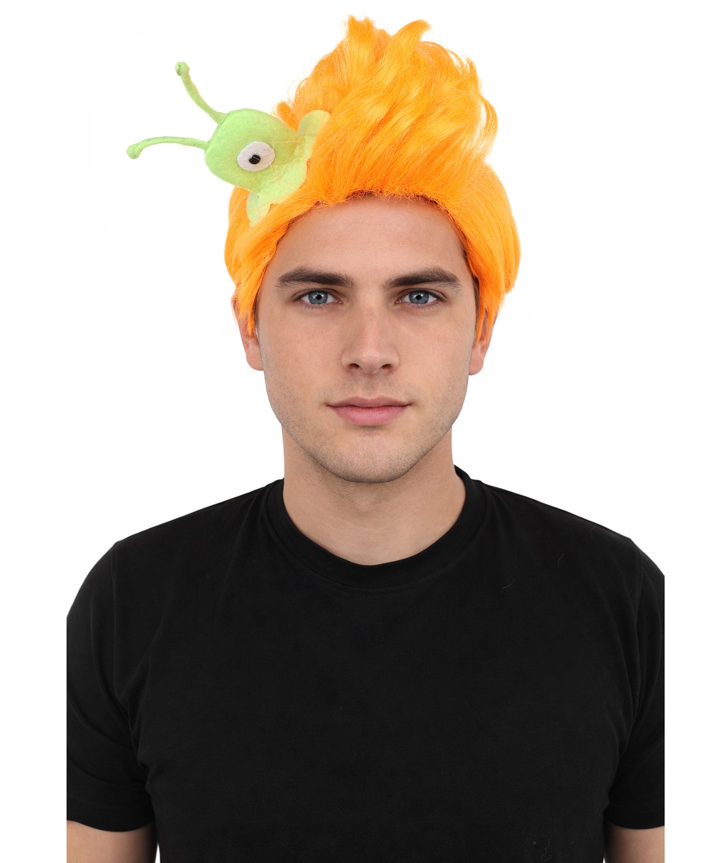 HPO Men's Brain Slug Orange Wig | Medium Spiked Synthetic Hair with Attached Green Alien Plush and Messy Texture | Sci-Fi Cosplay, Halloween, Cartoon Theme Party, and Funny Costume Accessories