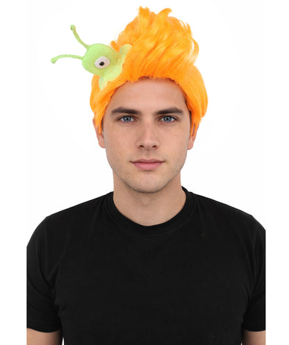 HPO Men's Brain Slug Orange Wig | Medium Spiked Synthetic Hair with Attached Green Alien Plush and Messy Texture | Sci-Fi Cosplay, Halloween, Cartoon Theme Party, and Funny Costume Accessories