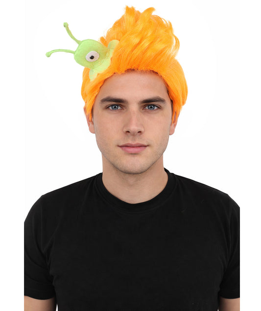 HPO Men's Brain Slug Orange Wig | Medium Spiked Synthetic Hair with Attached Green Alien Plush and Messy Texture | Sci-Fi Cosplay, Halloween, Cartoon Theme Party, and Funny Costume Accessories