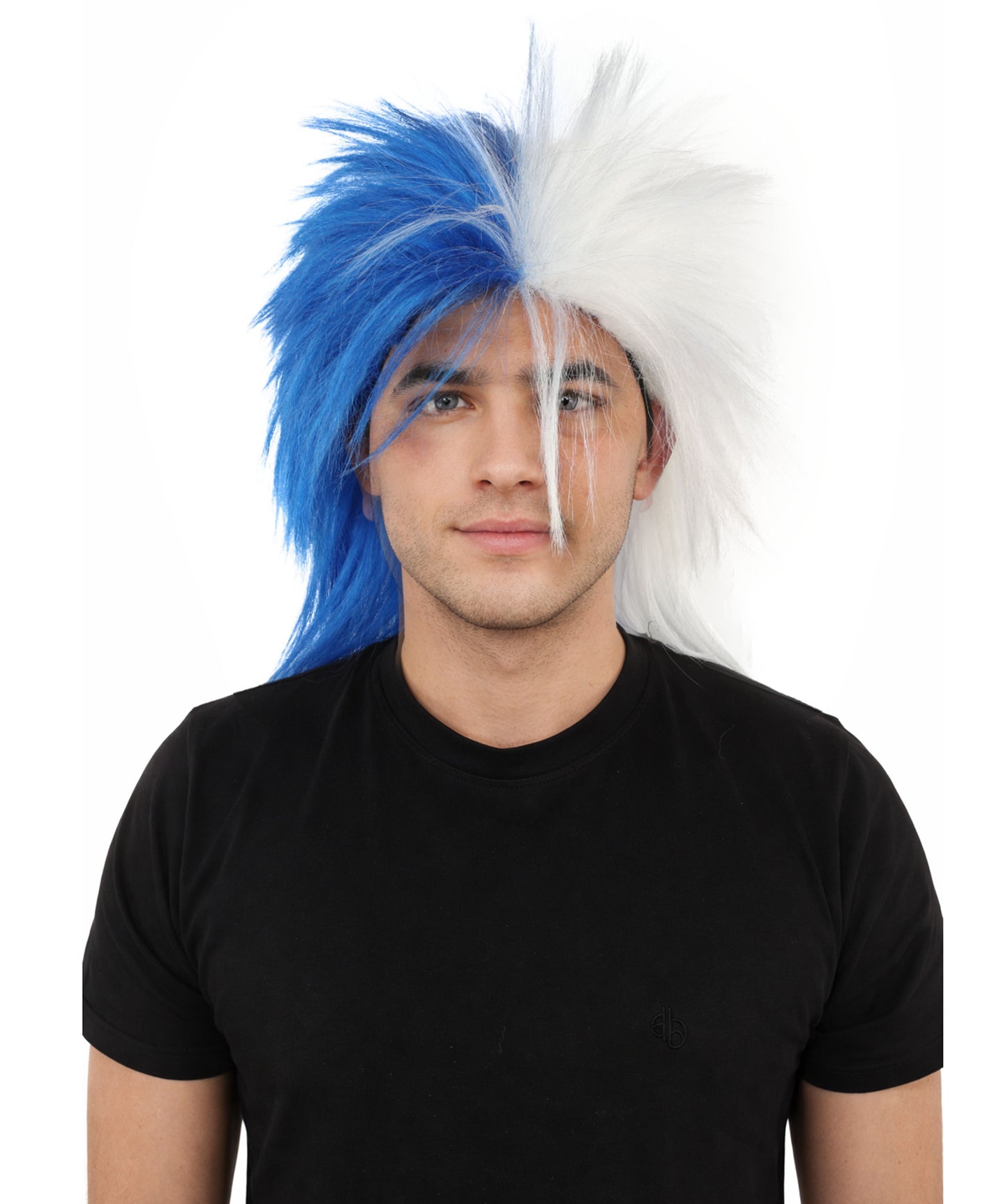 HPO Men's Two Tone Spirit Wig | Blue and White Messy Mullet Flame-retardant Synthetic Fiber | Halloween Themed Party Baseball Stadium Accessory