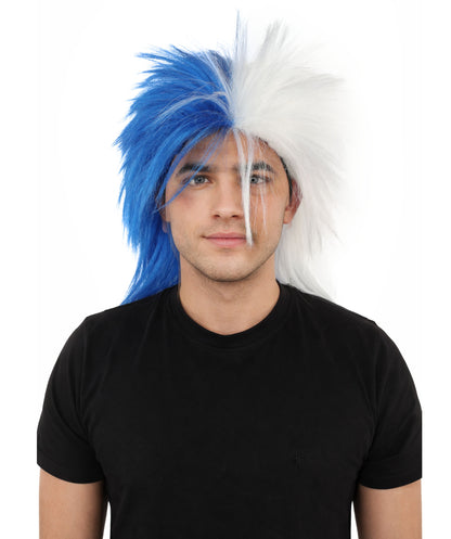 HPO Men's Two Tone Spirit Wig | Blue and White Messy Mullet Flame-retardant Synthetic Fiber | Halloween Themed Party Baseball Stadium Accessory