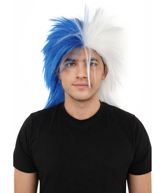 HPO Men's Two Tone Spirit Wig | Blue and White Messy Mullet Flame-retardant Synthetic Fiber | Halloween Themed Party Baseball Stadium Accessory