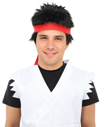 HPO Black Spiky Wig with Red Headband | Short Cosplay Hair for Men | Synthetic Fiber | Anime Outfit for Halloween, Events & Roleplay