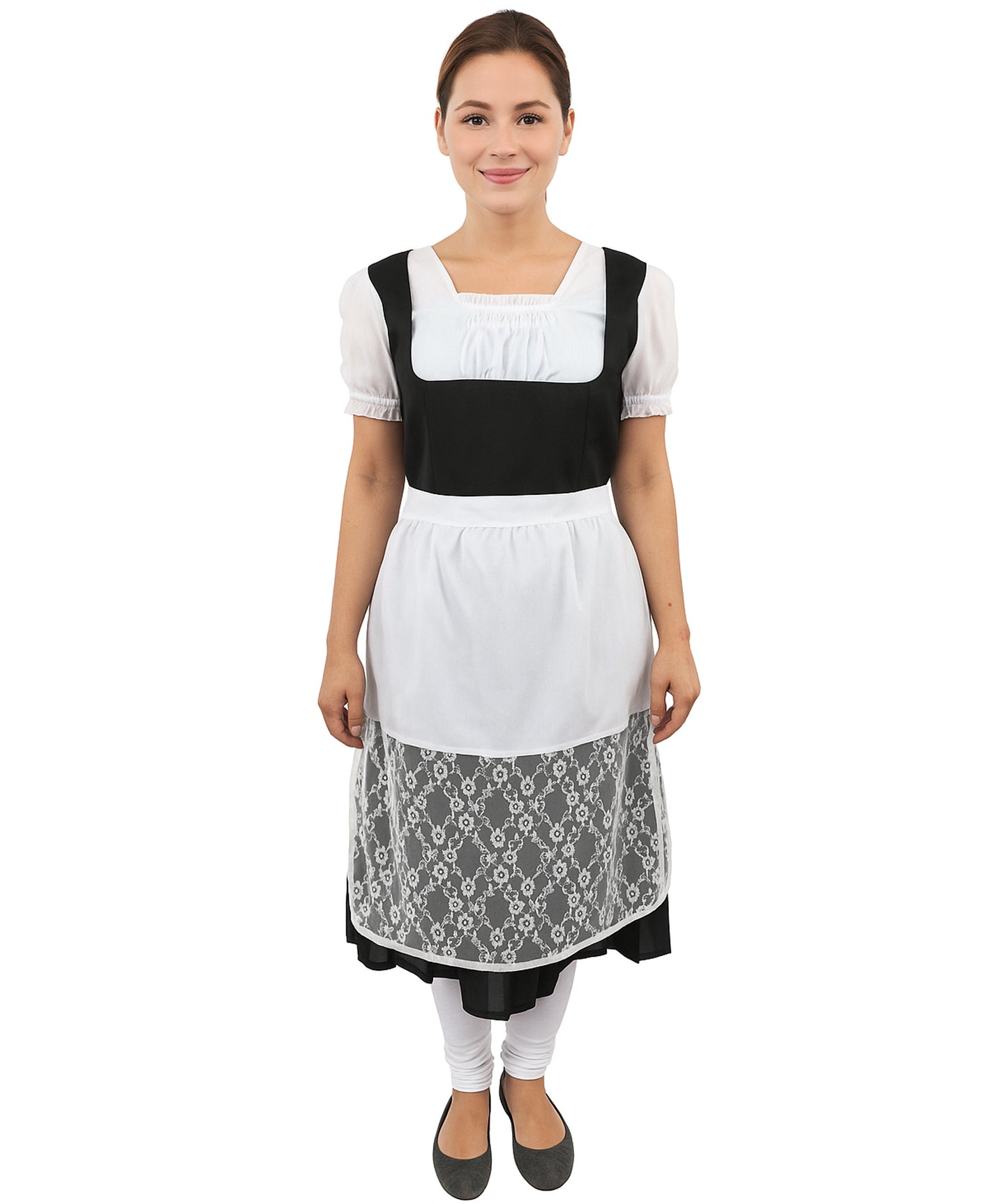 HPO Women's Long Black & White Dirndl Costume – German Traditional Party Dress for Women