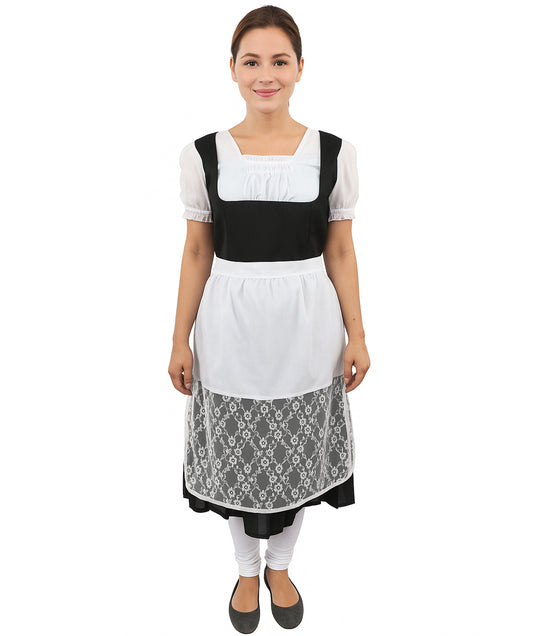 HPO Women's Long Black & White Dirndl Costume – German Traditional Party Dress for Women