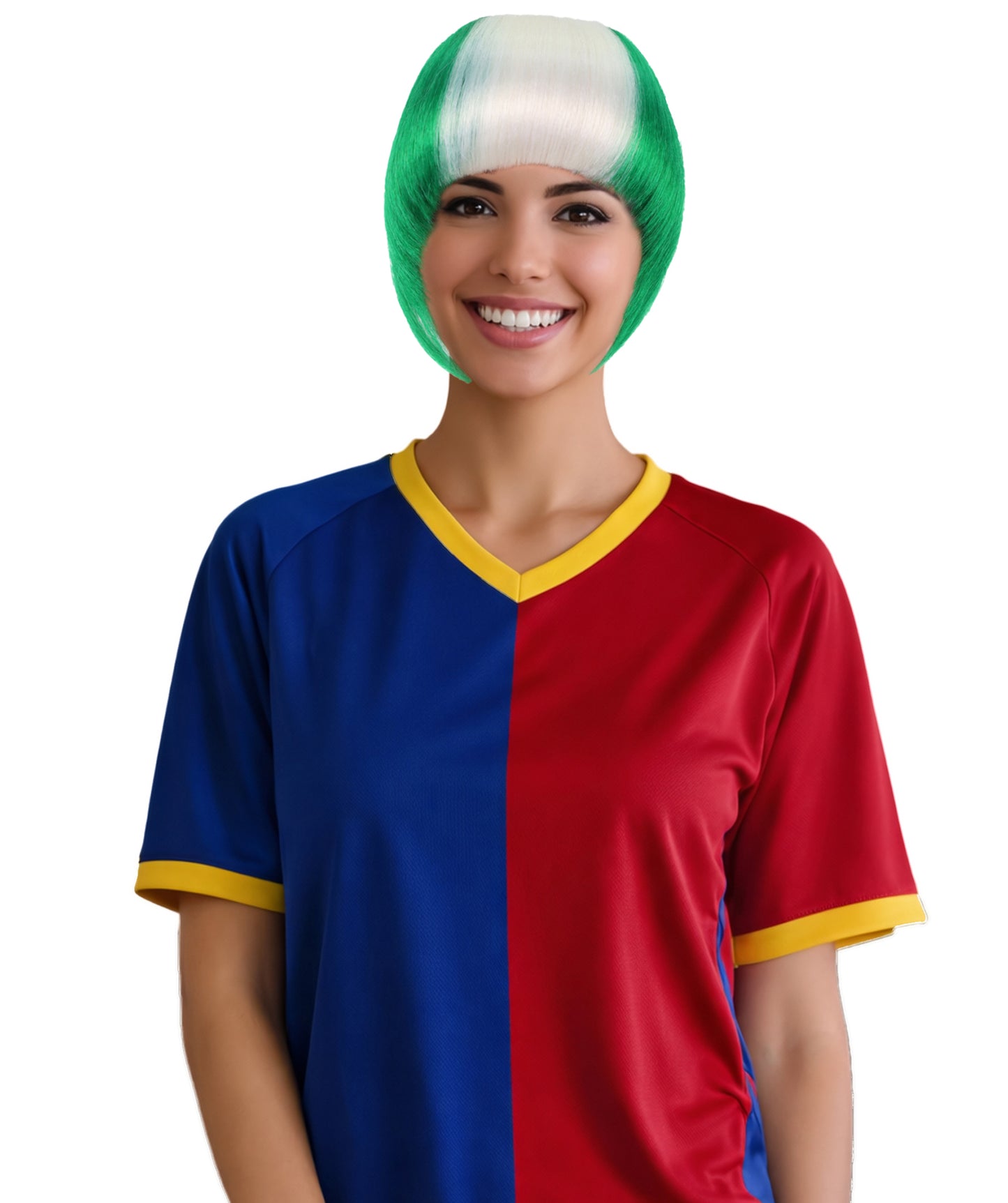 HPO Women's Short Straight Nigeria Flag Wig – Green & White Fringe Style | Ideal for Sports Fans & National Celebrations