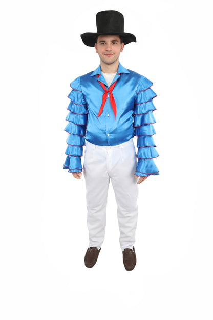 HPO Men's Rhythmic Multicolor Uniform Costume | Tiered Ruffle Satin Sleeves with Contrast Neck Tie and White Trousers | Ideal for Cosplay, Halloween, Drag, and Latin Dance Performance Events