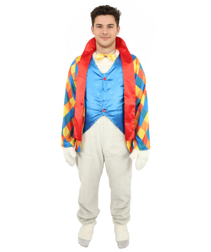 HPO Men's Festive Rabbit Mascot Ensemble | Multi-Color Diamond Pattern with Satin Vest and Faux Fur Accents | Ideal for Cosplay, Halloween, Drag, and Holiday Performance Events