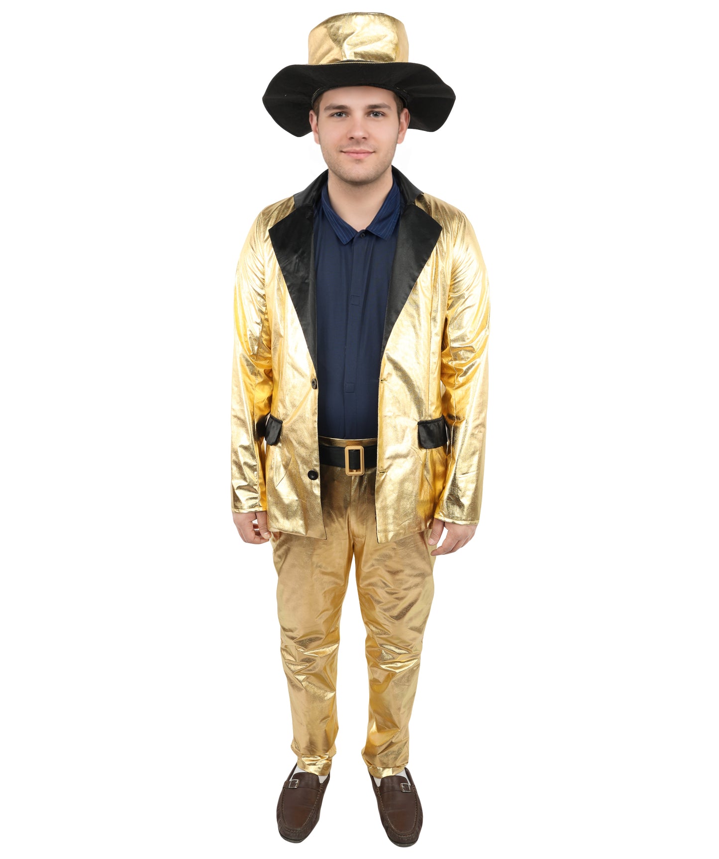 HPO Men's Metallic Gold & Black Pimp Suit | Shiny PVC and Satin Finish with Matching Hat T-Shirt and Belt | Ideal for Cosplay, Halloween, Drag, and 1970s Theme Performance Events