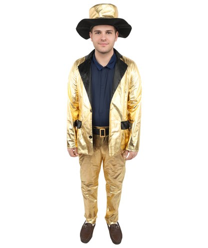 HPO Men's Metallic Gold & Black Pimp Suit | Shiny PVC and Satin Finish with Matching Hat T-Shirt and Belt | Ideal for Cosplay, Halloween, Drag, and 1970s Theme Performance Events