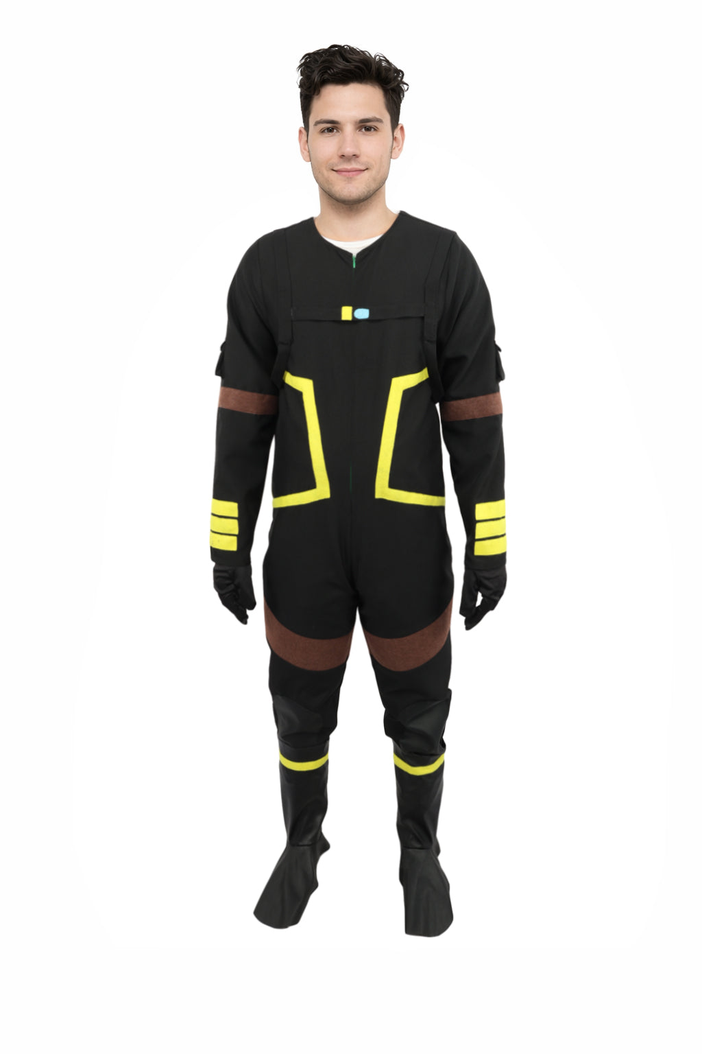 HPO Men's Deep Space Explorer Black Jumpsuit | Reflective PVC and Jersey Construction with Matching Hand Gloves and Leg Socks | Ideal for Cosplay, Halloween, Drag, and Galactic Theater Performances