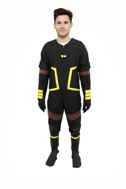 HPO Men's Deep Space Explorer Black Jumpsuit | Reflective PVC and Jersey Construction with Matching Hand Gloves and Leg Socks | Ideal for Cosplay, Halloween, Drag, and Galactic Theater Performances