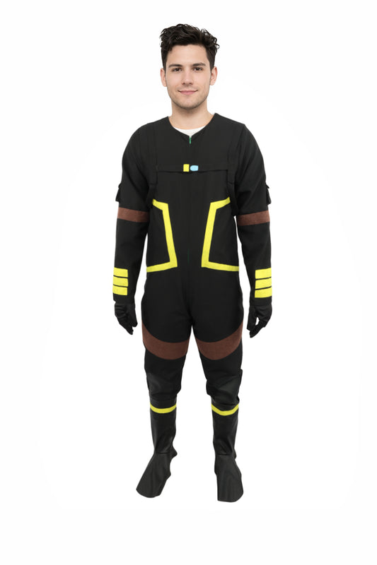HPO Men's Deep Space Explorer Black Jumpsuit | Reflective PVC and Jersey Construction with Matching Hand Gloves and Leg Socks | Ideal for Cosplay, Halloween, Drag, and Galactic Theater Performances