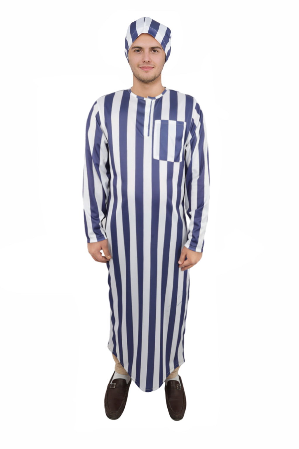 HPO Men's Victorian Striped Sleepwear | Blue and White Vertical Stripe Jersey with Adjustable Matching Nightcap | Ideal for Theater, Halloween, Cosplay, and Historical Performance Events