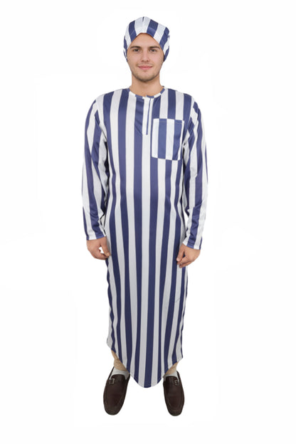 HPO Men's Victorian Striped Sleepwear | Blue and White Vertical Stripe Jersey with Adjustable Matching Nightcap | Ideal for Theater, Halloween, Cosplay, and Historical Performance Events