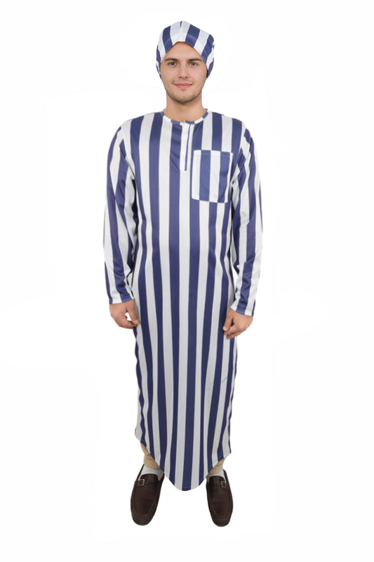 HPO Men's Victorian Striped Sleepwear | Blue and White Vertical Stripe Jersey with Adjustable Matching Nightcap | Ideal for Theater, Halloween, Cosplay, and Historical Performance Events