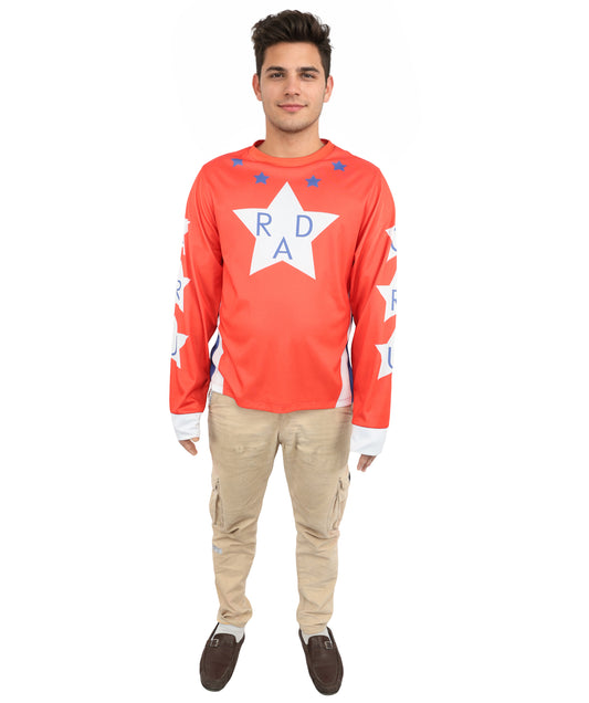 HPO Men's Vintage Stunt Biker Red Costume | Long Sleeve Jersey Knit with Bold Chest Logo | Versatile for Costume Parties, Stage Shows, and Retro Sports Themed Events