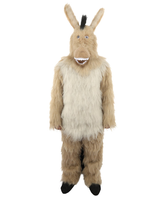 HPO Brown Furry Donkey Style Costume & Full Head Mask Bundle Set Outfit - Men's Soft Textured Fur Design with Long Ear Details Complete Styling for Cosplay Halloween & Animal Theme Parties