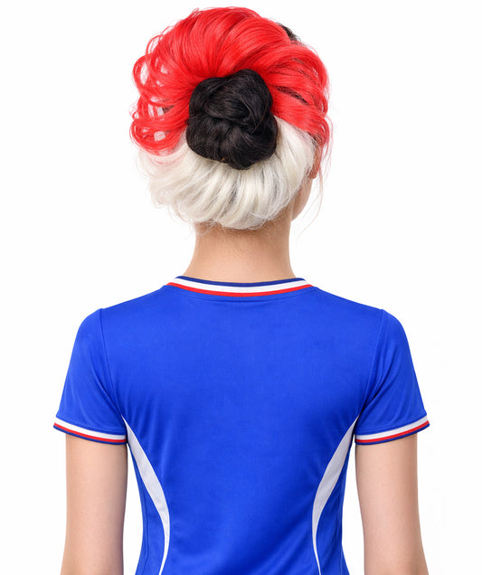 HPO Women's International Flag Hair Scrunchie Blonde and Red | Crafted from Flame-retardant Synthetic Febric | Ideal for party, Halloween, cosplay, theater, drag, performance, costume events