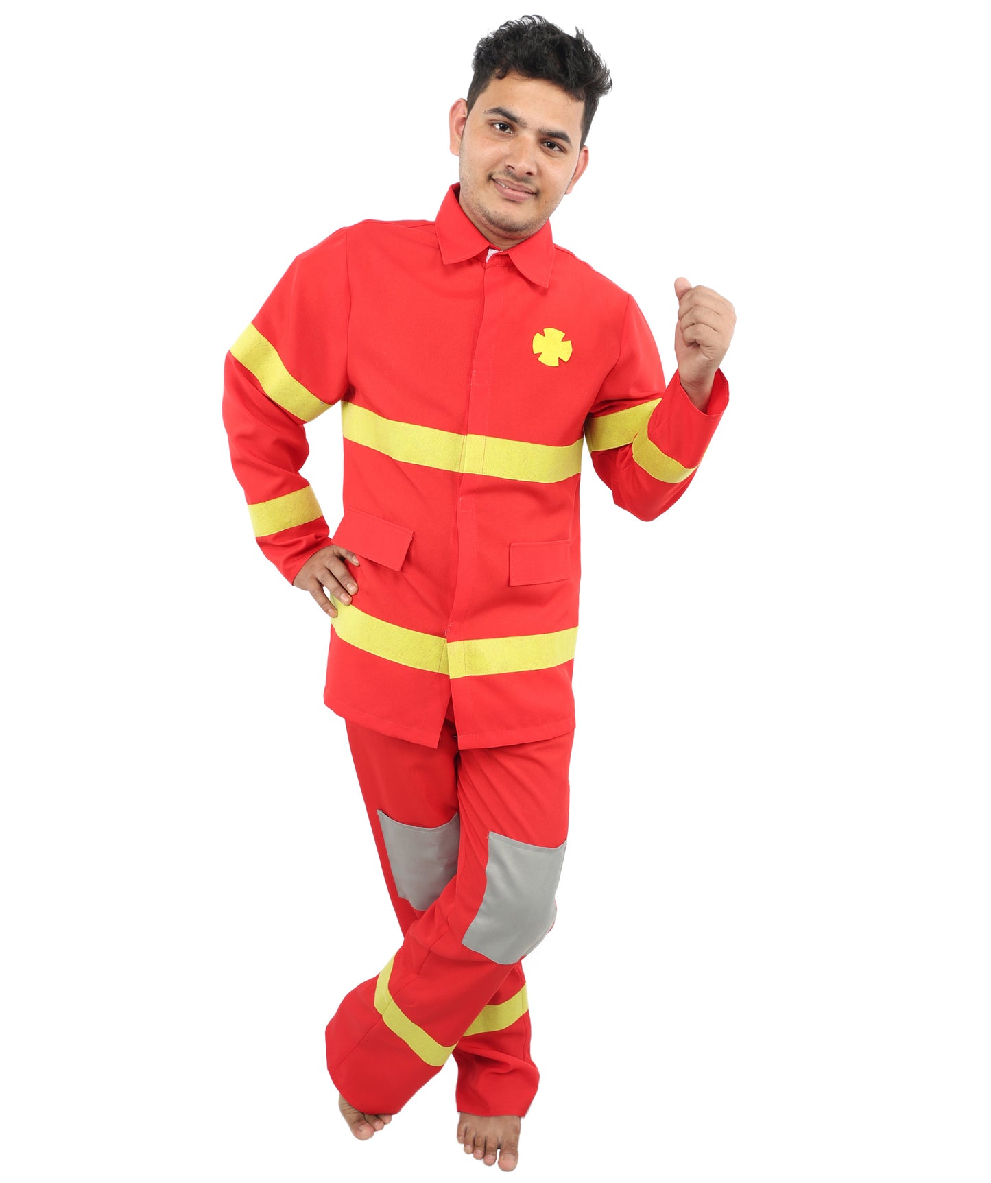 HPO Men’s Fire Rescue Style Red Costume | Halloween Emergency Theme Jacket and Trousers Set | Outfit Use for Parties & Events