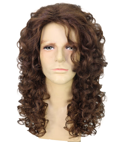 HPO Men Wig Hippie Rock Wavy Mahogany Brown Lightweight Synthetic Fiber, Perfect for 60s & 70s Costumes Halloween and Retro Events,Breathable cap for comfort