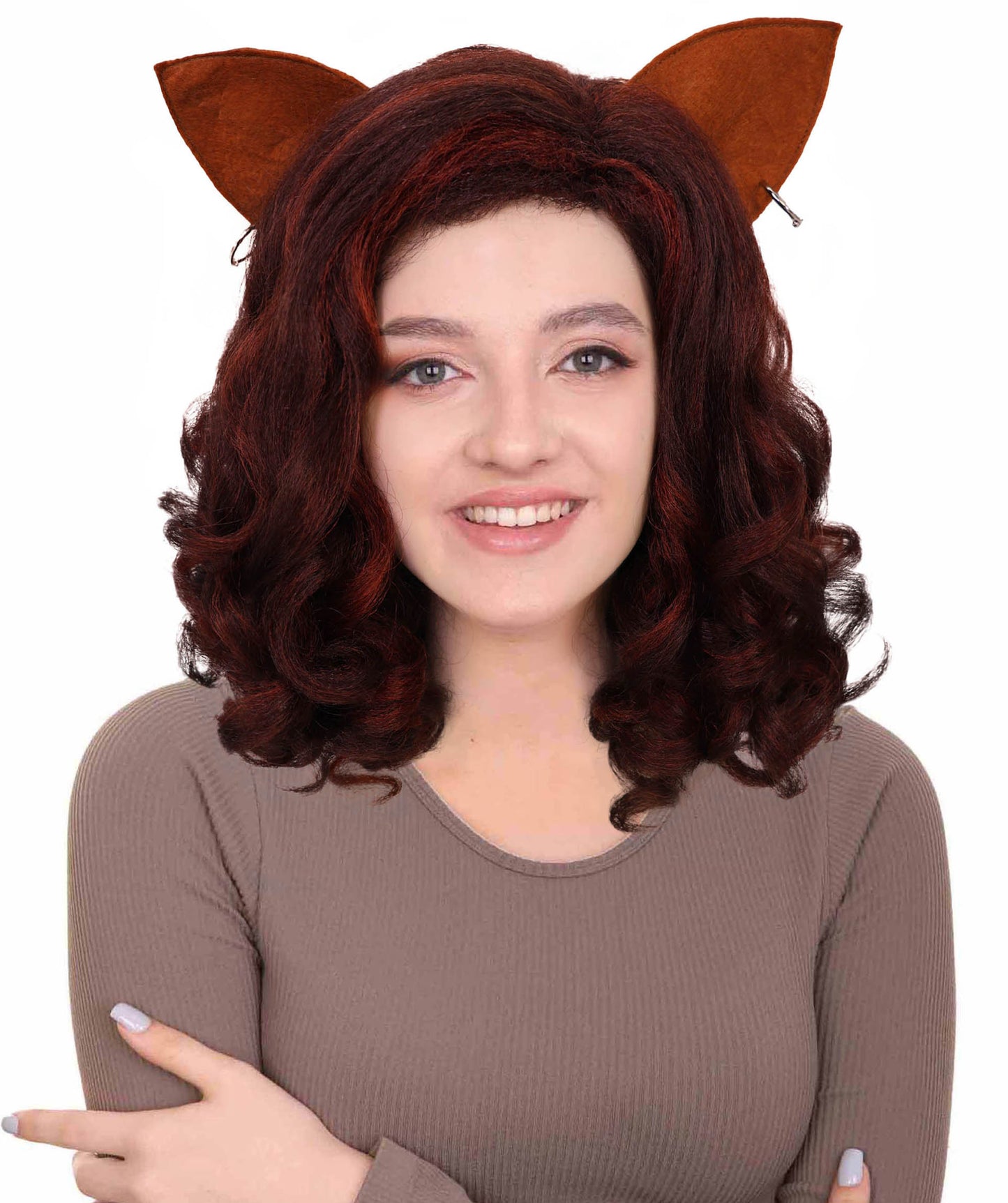 HPO Women’s Cat-Themed Curly Brown Wig with Ears| Halloween and Cosplay Wig | Flame-retardant Synthetic Fiber