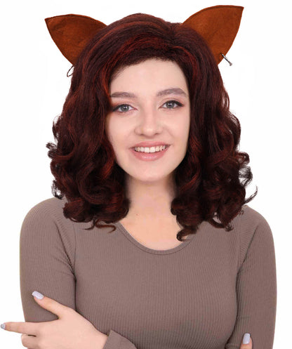 HPO Women’s Cat-Themed Curly Brown Wig with Ears| Halloween and Cosplay Wig | Flame-retardant Synthetic Fiber