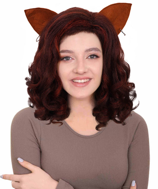 HPO Women’s Cat-Themed Curly Brown Wig with Ears| Halloween and Cosplay Wig | Flame-retardant Synthetic Fiber