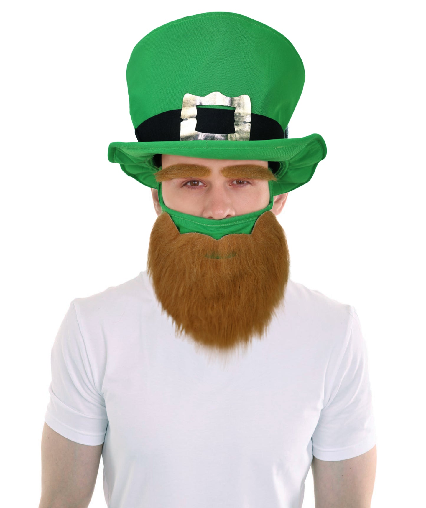 HPO Adult Men’s Brown Beard and Mustache Set with Eyebrows & Green Hat | Fun Adult Costume Accessory | Flame-retardant Synthetic Fiber