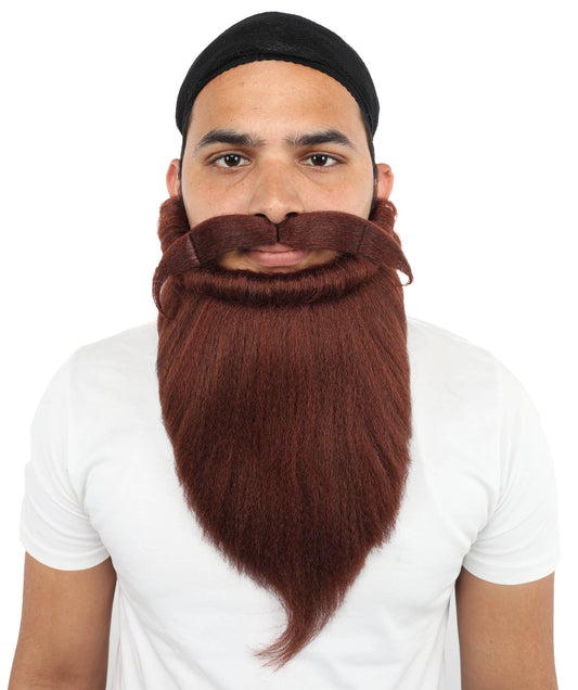 HPO Men's Auburn Beard and Moustache Set | Long Auburn Synthetic Fiber construction featuring a full holiday style | Ideal for party, Halloween, cosplay, theater, drag, performance, costume events