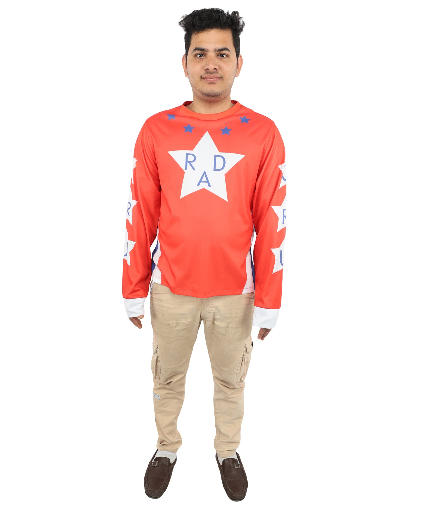 HPO Men's Vintage Stunt Biker Red Costume | Long Sleeve Jersey Knit with Bold Chest Logo | Versatile for Costume Parties, Stage Shows, and Retro Sports Themed Events