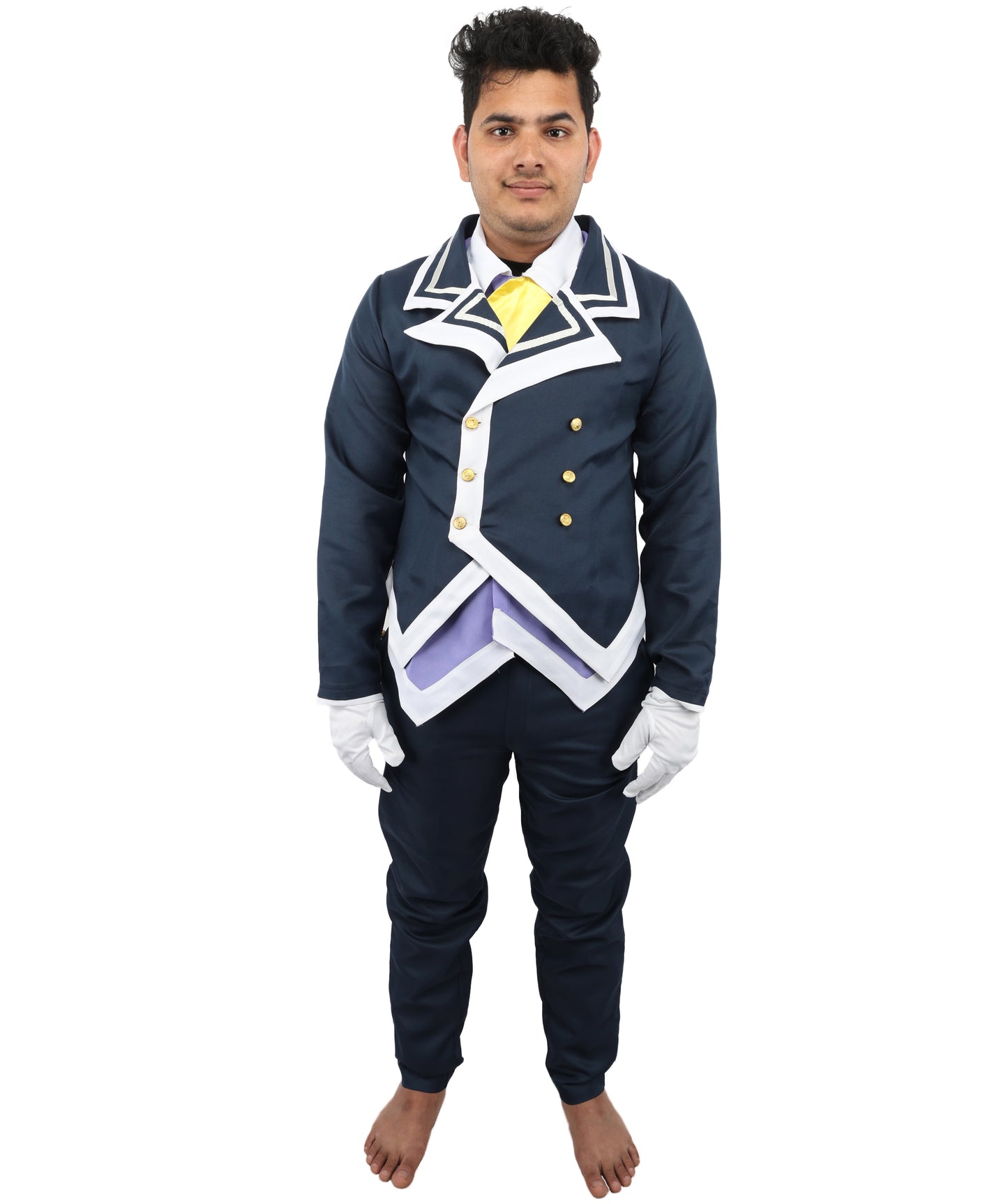 HPO Men's Noble Demon Duke Cosplay Navy Blue & White Suit | Includes Coat Pants Mock-Up Shirt Gloves | Crafted from Flame-retardant Synthetic Fabric | Adjustable Straps for Secure Fit