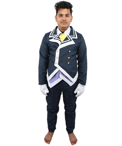 HPO Men's Noble Demon Duke Cosplay Navy Blue & White Suit | Includes Coat Pants Mock-Up Shirt Gloves | Crafted from Flame-retardant Synthetic Fabric | Adjustable Straps for Secure Fit