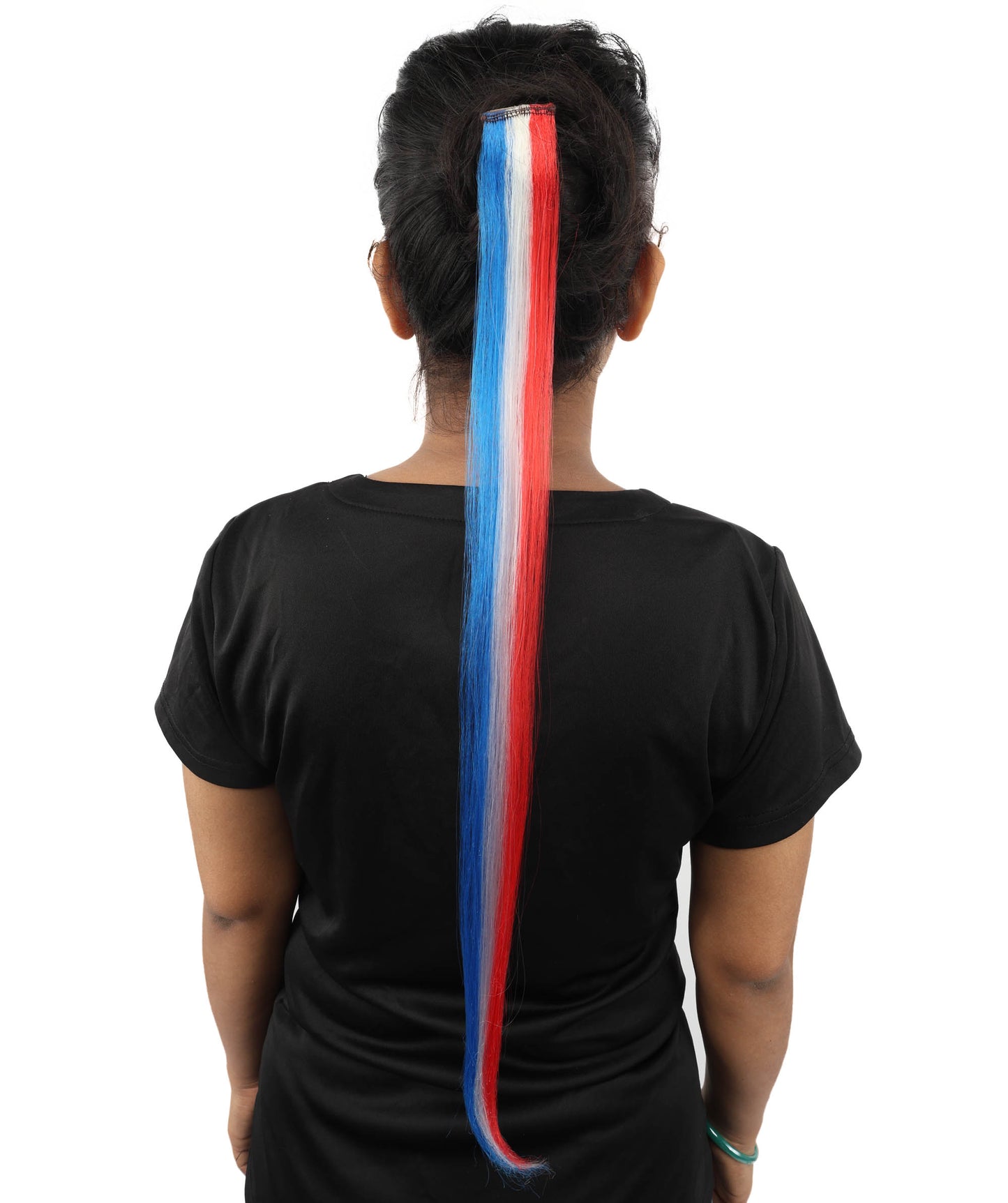 HPO Women's International Clip-in Hair Extension | Sleek red, white, and blue synthetic fibers featuring a secure snap attachment | Ideal for party, Halloween, cosplay, theater, drag, performance, costume events