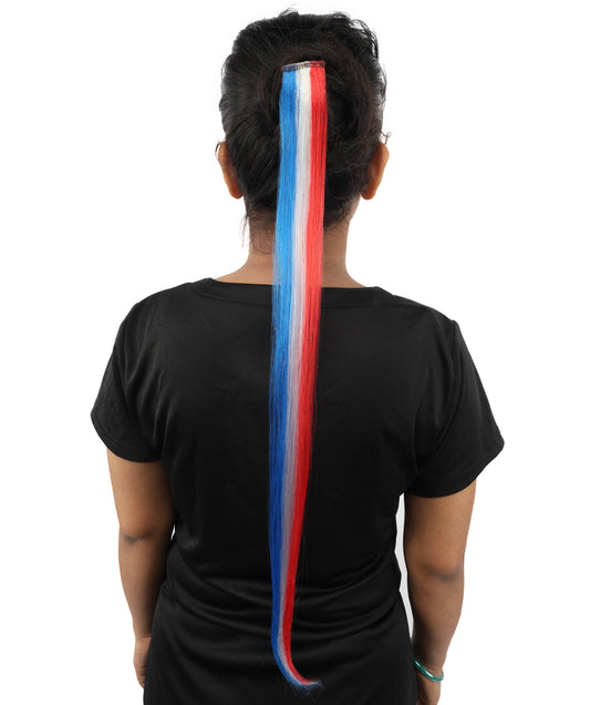 HPO Women's International Clip-in Hair Extension | Sleek red, white, and blue synthetic fibers featuring a secure snap attachment | Ideal for party, Halloween, cosplay, theater, drag, performance, costume events