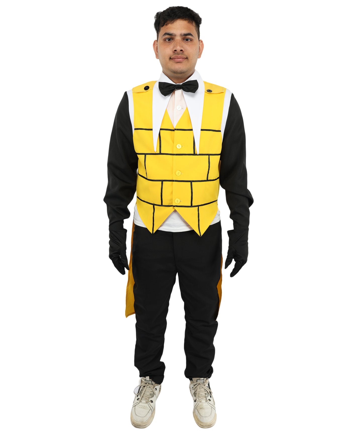 HPO Men's Yellow Black White Brick Demon Costume | Tailcoat Suit with Eye Symbol on Back and Bow Tie | Ideal for Halloween, Theater, Drag, and Mystery Events